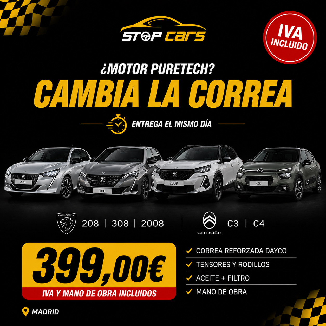 Promoción cambio correa distribución PureTech 399 € StopCars Madrid